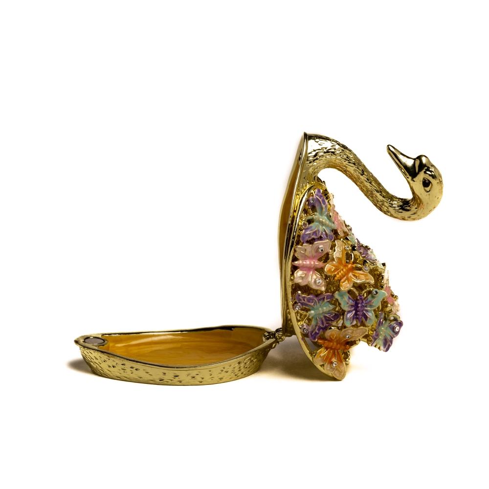 Golden Swan trinket box decorated with butterflies and Austrian crystals, showcasing intricate enamel painting and luxurious gold or silver plating.