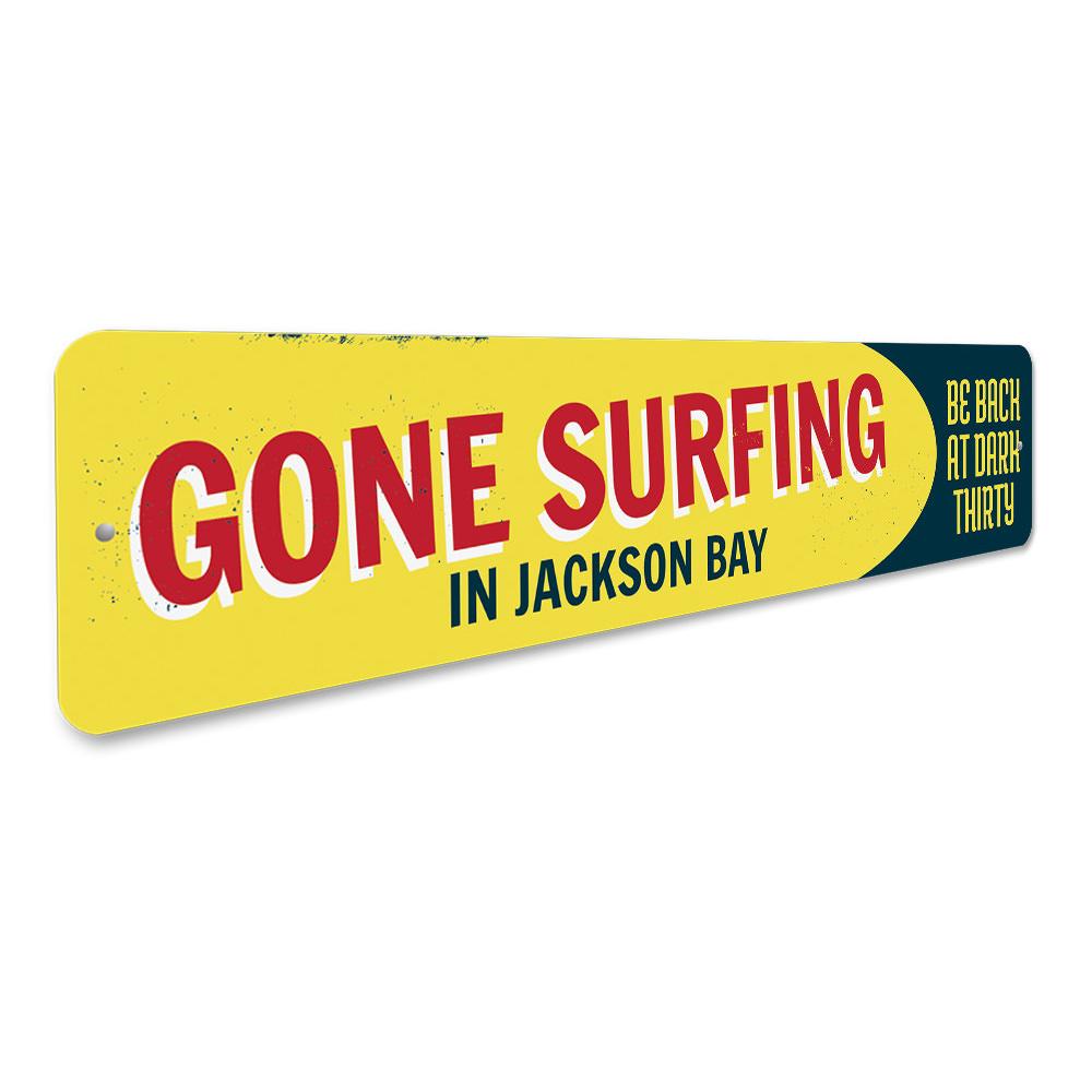 Gone Surfing Location Sign made of durable aluminum, featuring a beach-themed design perfect for coastal decor.