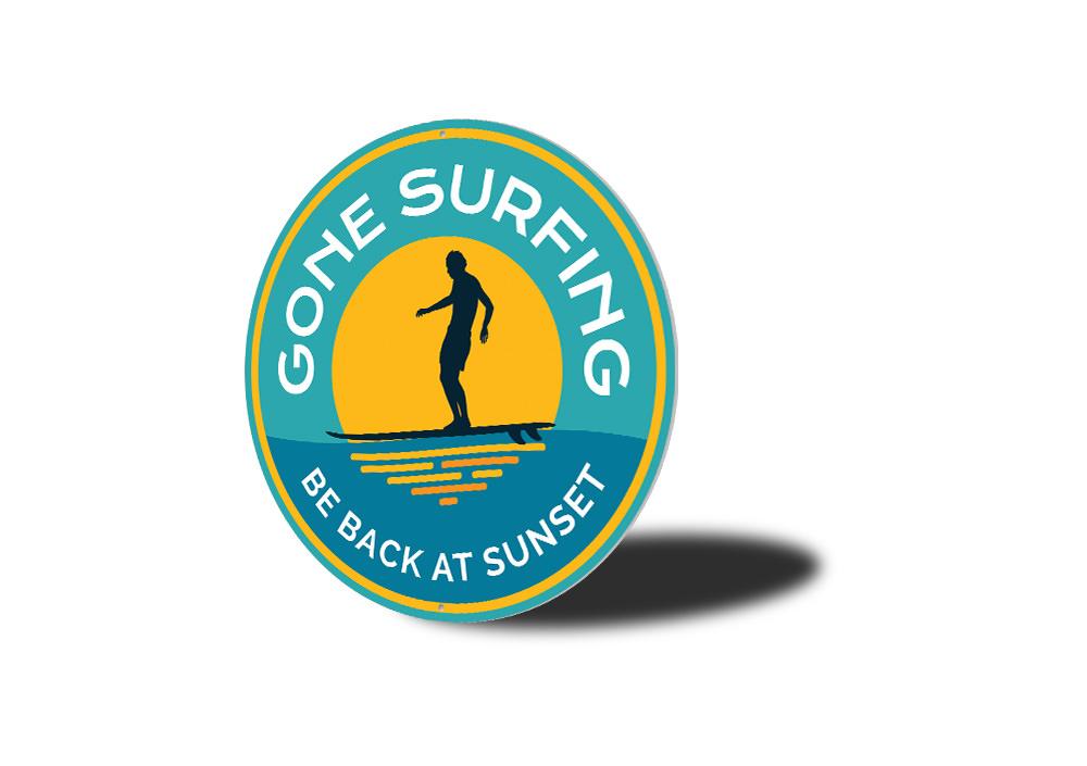 Gone Surfing Sunset Sign featuring vibrant colors and beach-themed design, perfect for coastal decor.