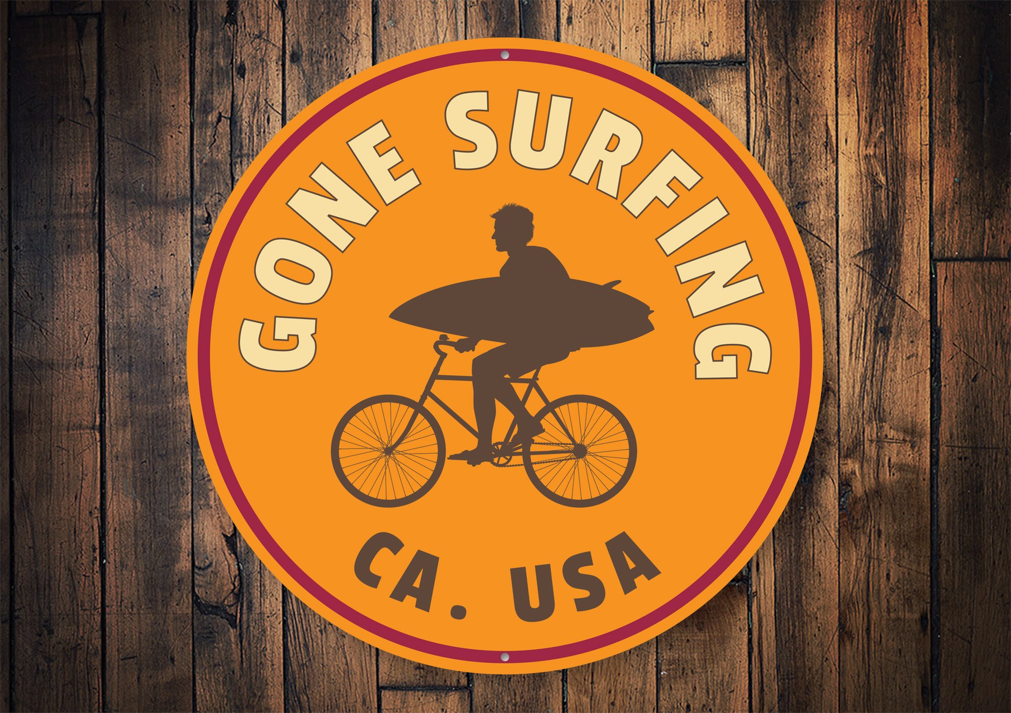 Gone Surfing USA Sign made from high-quality aluminum, featuring vibrant colors and customizable text, perfect for beach-themed decor.