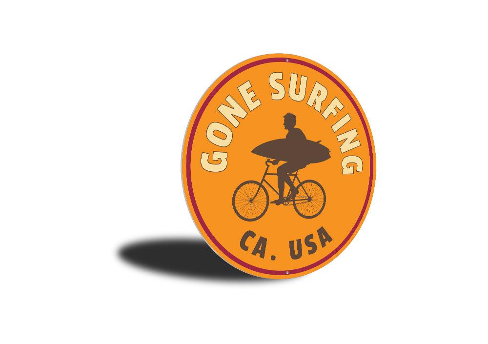 Gone Surfing USA Sign made from high-quality aluminum, featuring vibrant colors and customizable text, perfect for beach-themed decor.