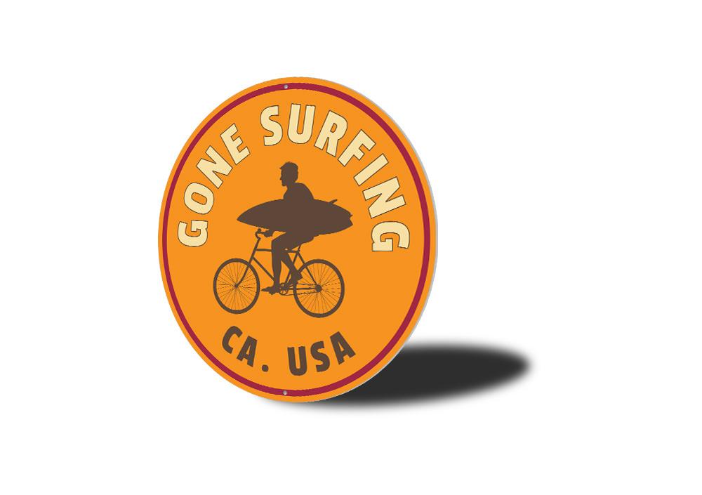 Gone Surfing USA Sign made from high-quality aluminum, featuring vibrant colors and customizable text, perfect for beach-themed decor.