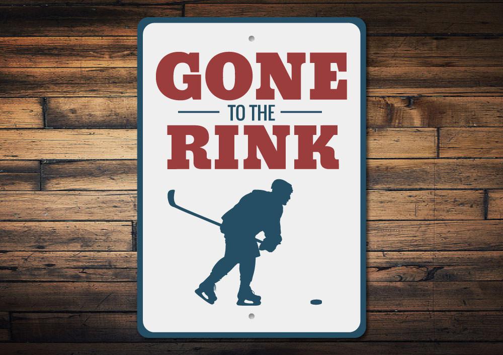 Gone to the Rink Sign featuring vibrant colors and a playful design, made from durable aluminum, perfect for home decor.
