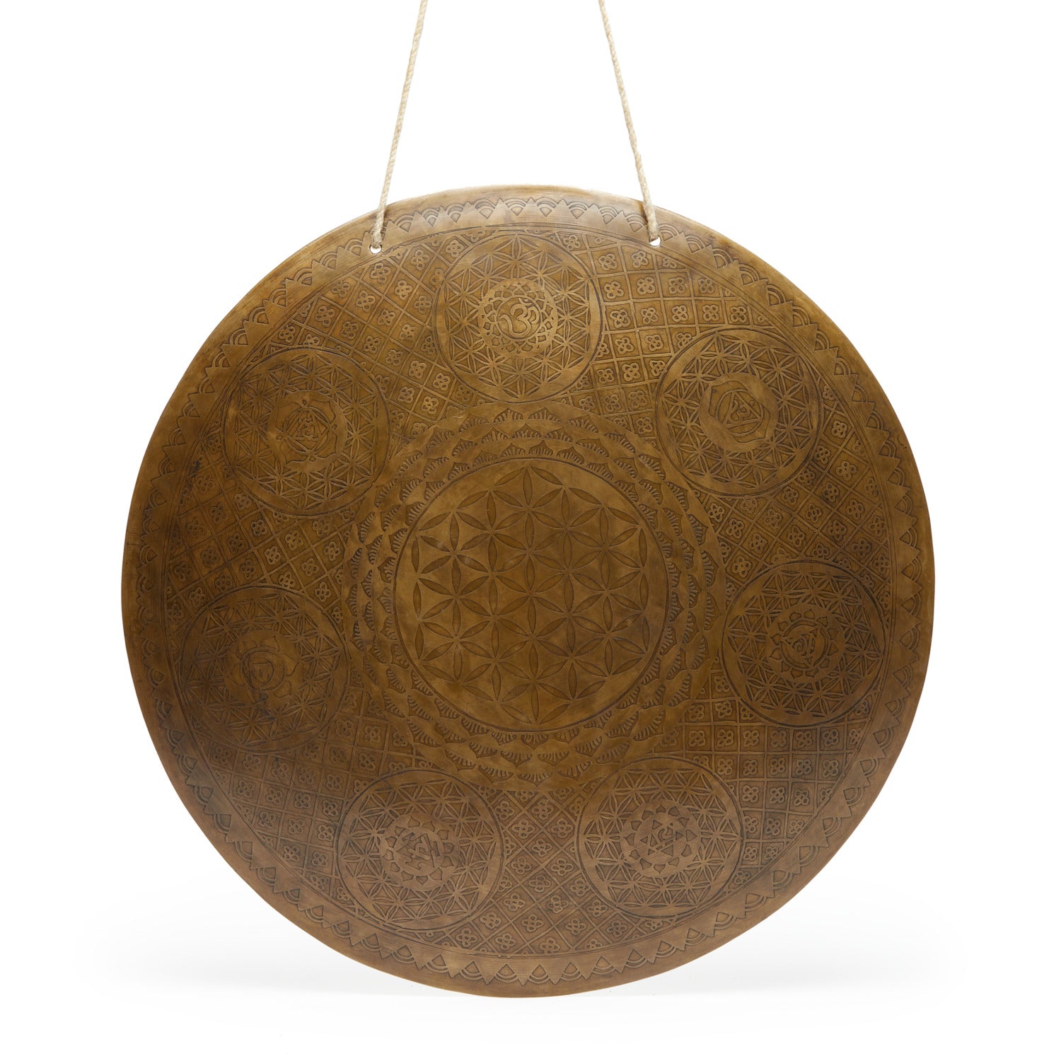 Gong solaire traditionnel « Sept Chakras » en cuivre et étain, décoré des symboles des sept chakras, avec une mailloche.