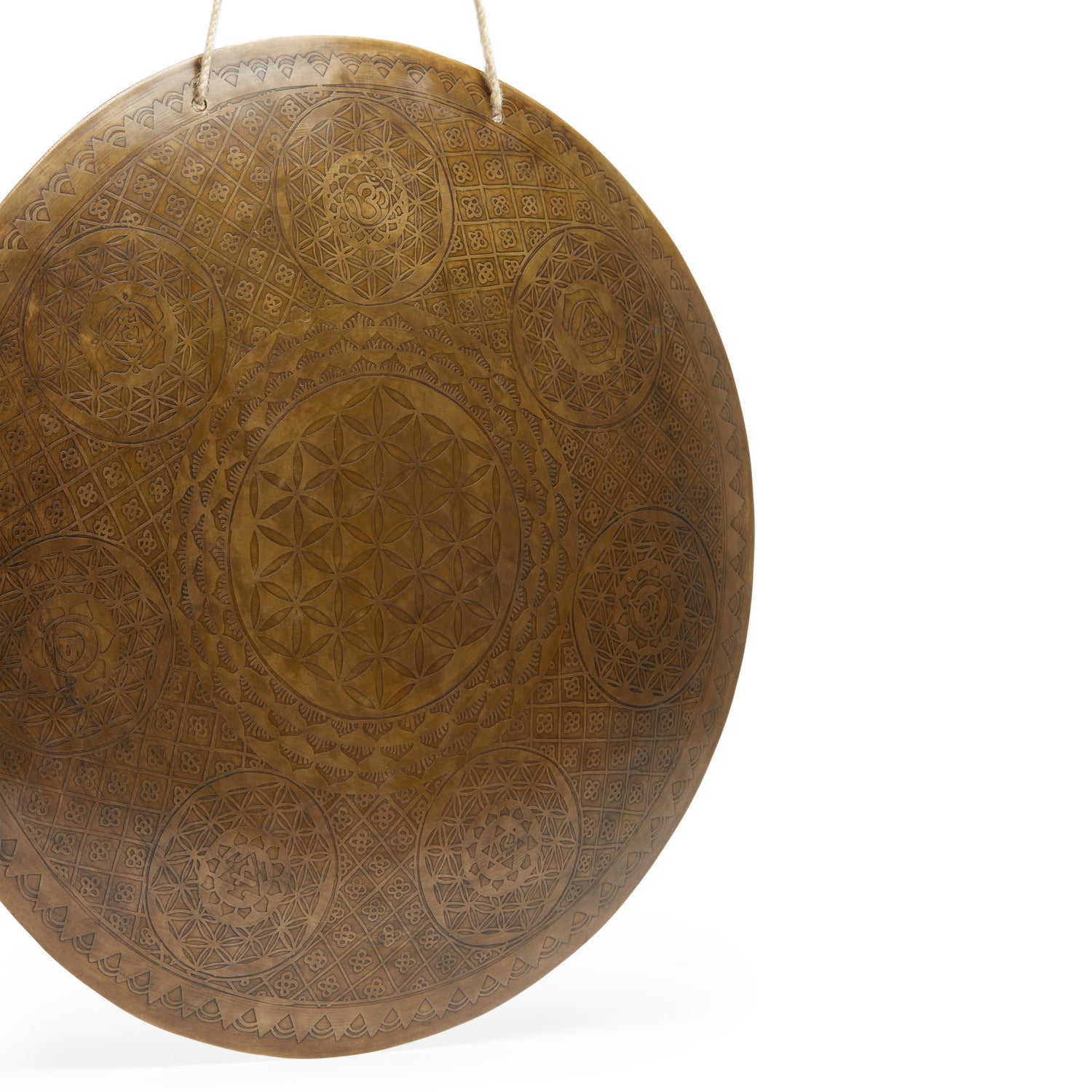 Gong solaire traditionnel « Sept Chakras » en cuivre et étain, décoré des symboles des sept chakras, avec une mailloche.