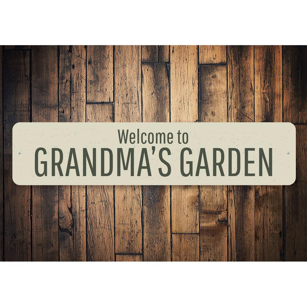 A beautifully crafted Grandma's Garden Sign made of high-quality aluminum, featuring customizable text and a charming design, perfect for home decor.