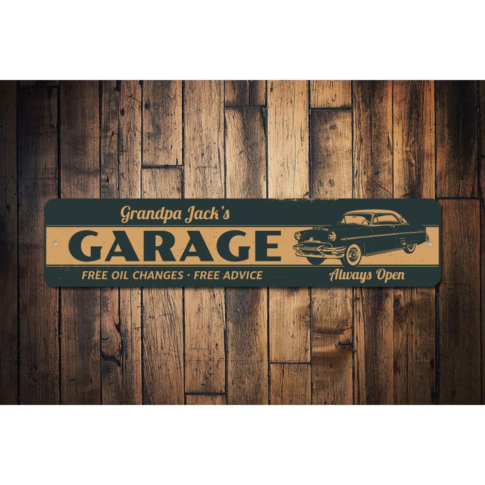 Grandpa Classic Car Garage Sign made of high-quality aluminum, featuring customizable text and pre-drilled holes for easy mounting.
