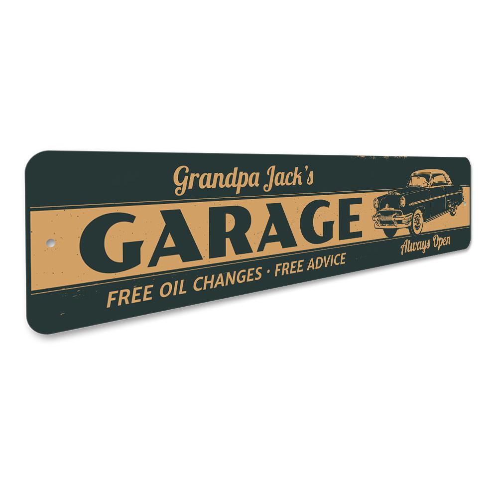 Grandpa Classic Car Garage Sign made of high-quality aluminum, featuring customizable text and pre-drilled holes for easy mounting.