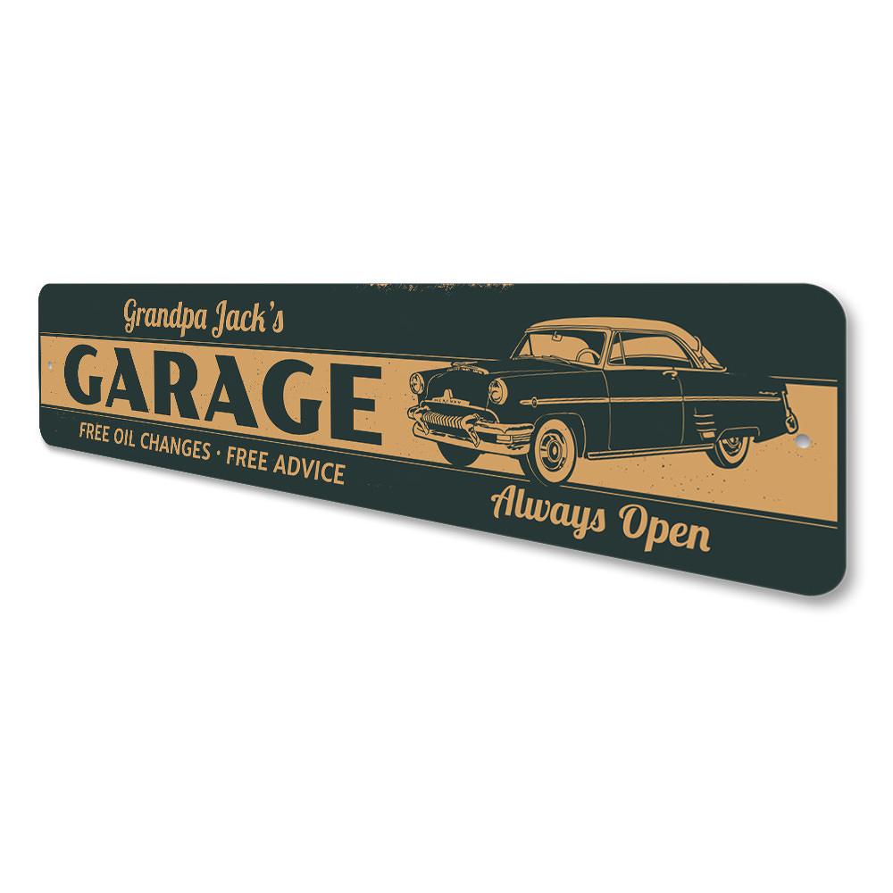 Grandpa Classic Car Garage Sign made of high-quality aluminum, featuring customizable text and pre-drilled holes for easy mounting.