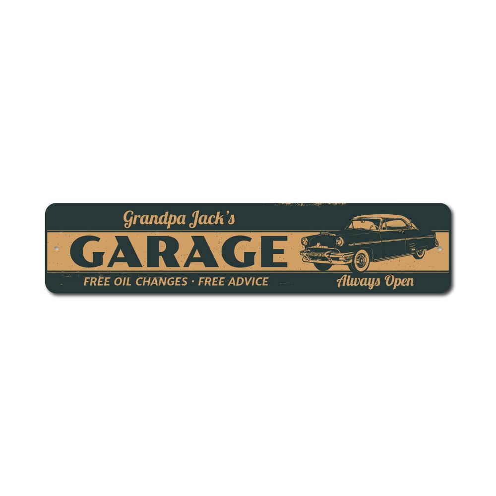 Grandpa Classic Car Garage Sign made of high-quality aluminum, featuring customizable text and pre-drilled holes for easy mounting.