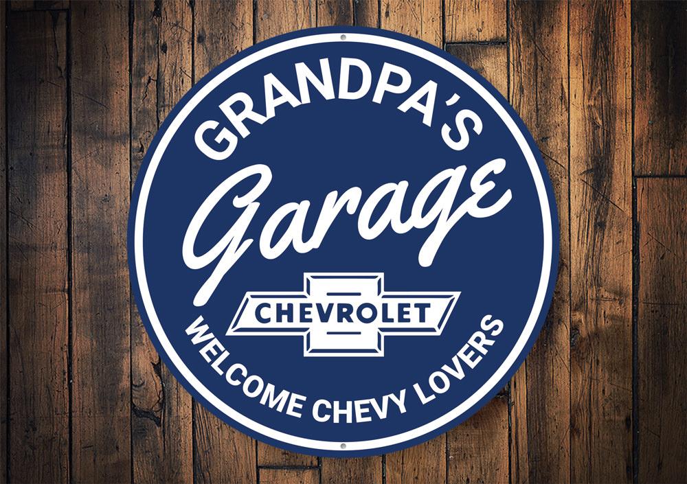 Grandpa's Garage Chevy Lovers Car Sign featuring classic Chevy designs, perfect for garage or man cave decor.