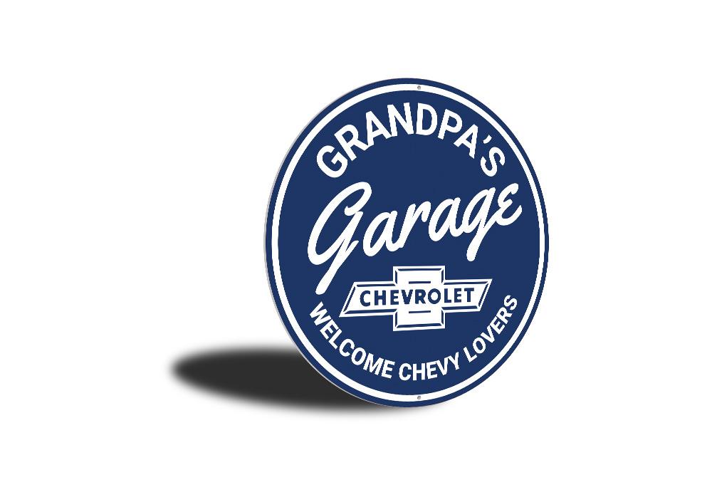 Grandpa's Garage Chevy Lovers Car Sign featuring classic Chevy designs, perfect for garage or man cave decor.