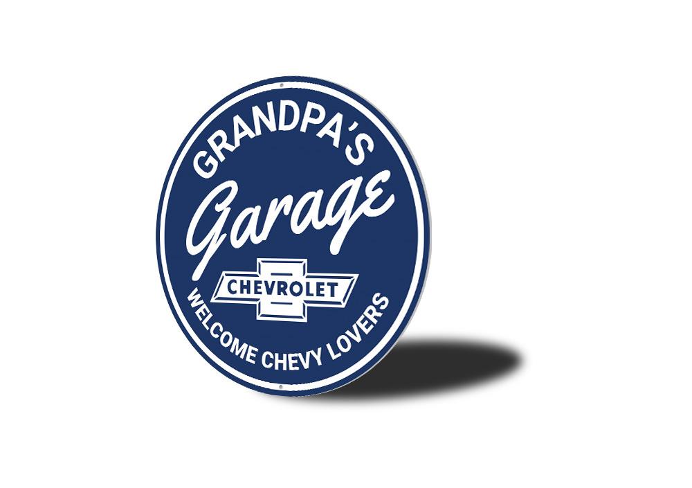 Grandpa's Garage Chevy Lovers Car Sign featuring classic Chevy designs, perfect for garage or man cave decor.