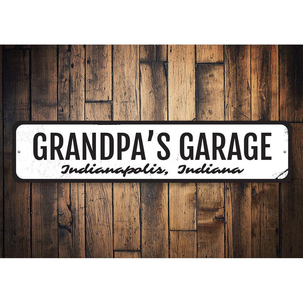 Customizable Grandpas Garage Sign made of high-quality aluminum, featuring pre-drilled holes for easy mounting.
