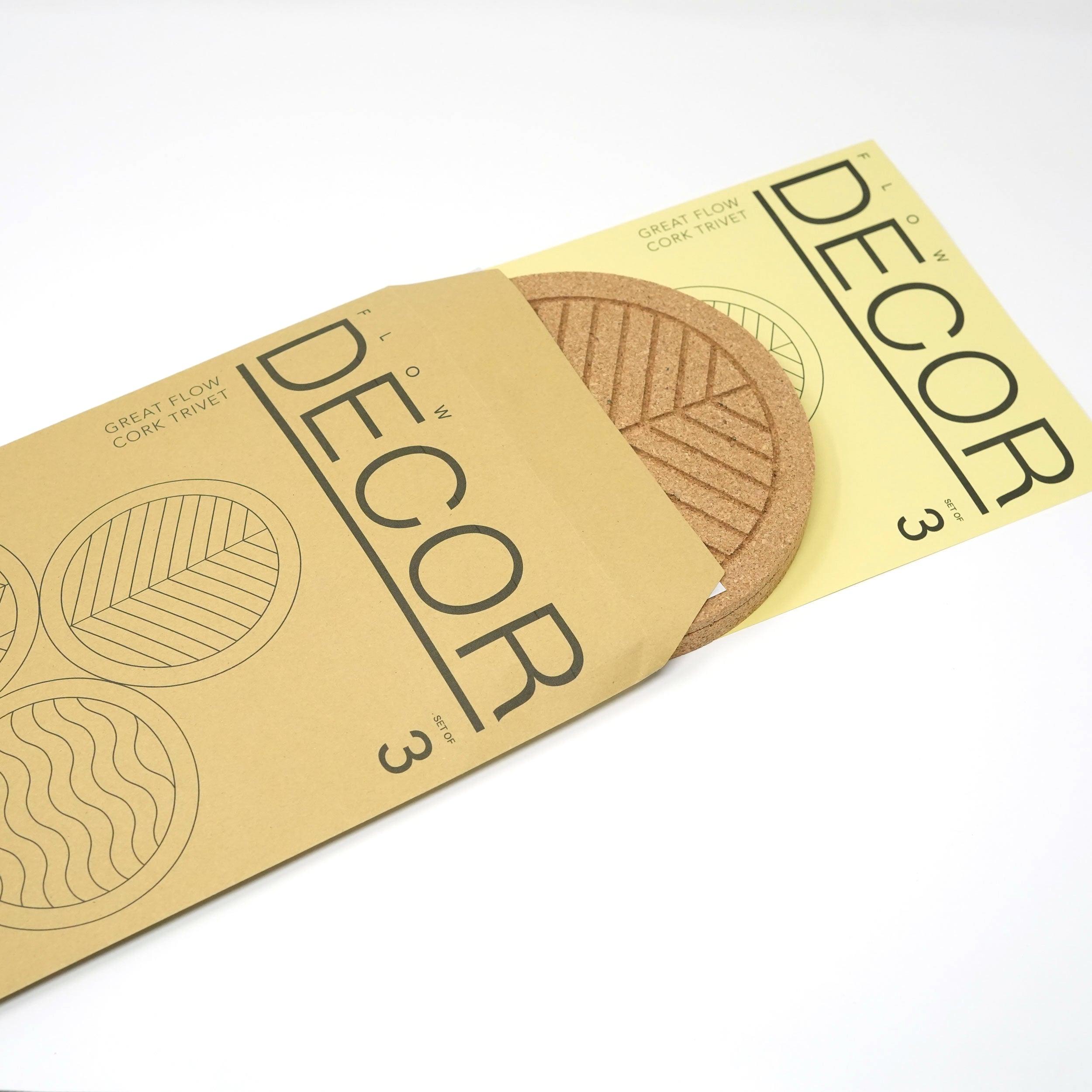 Great Flow cork trivet set of 3 pieces, featuring nature-inspired designs like waves and leaves, perfect for protecting surfaces.