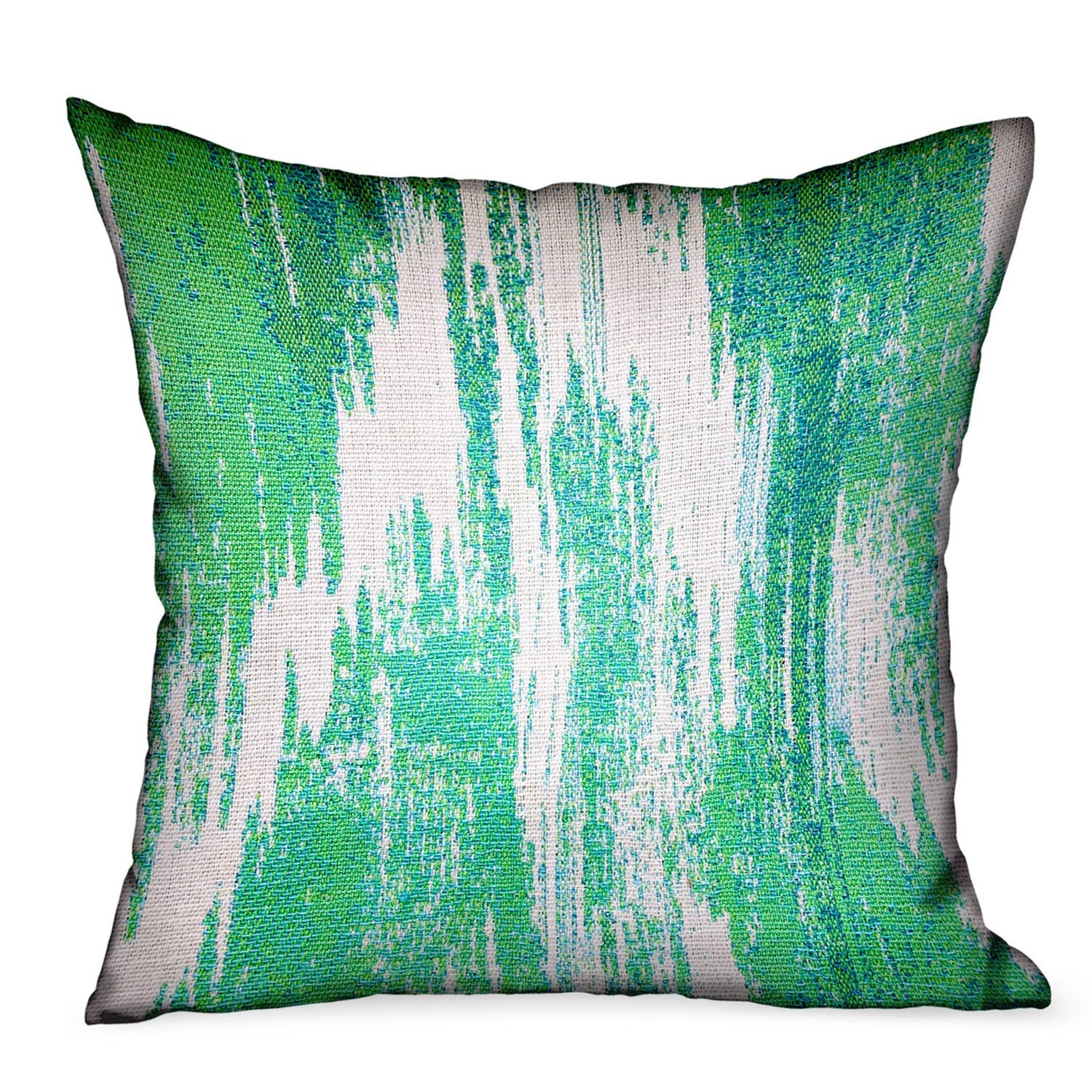 Green Avalanche Green Ikat Luxury Throw Pillow showcasing vibrant green Ikat pattern, durable Sunbrella fabric, and invisible zipper closure.