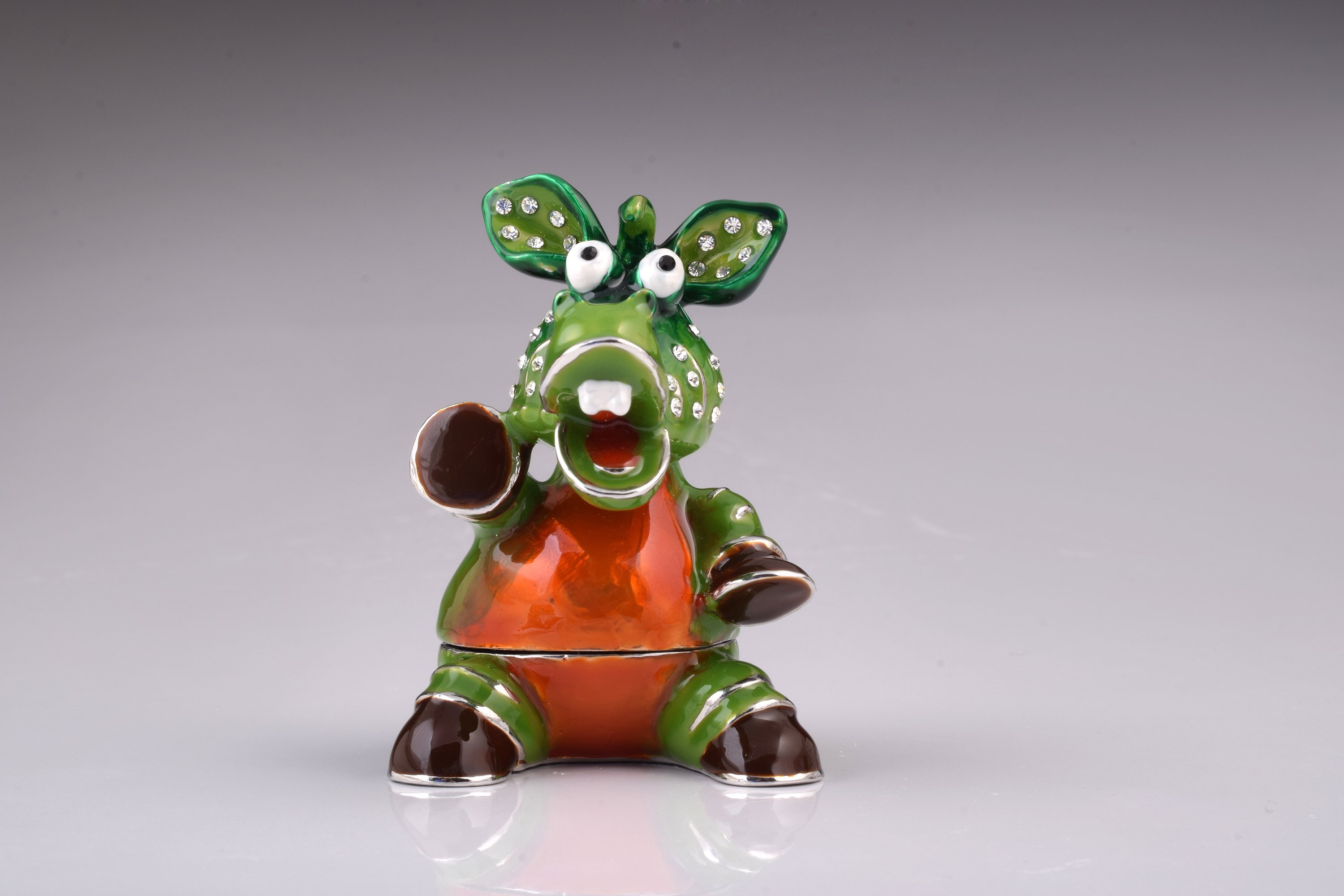 Handcrafted Green Crocodile trinket box with Austrian crystals and 24K gold plating, showcasing intricate enamel work.