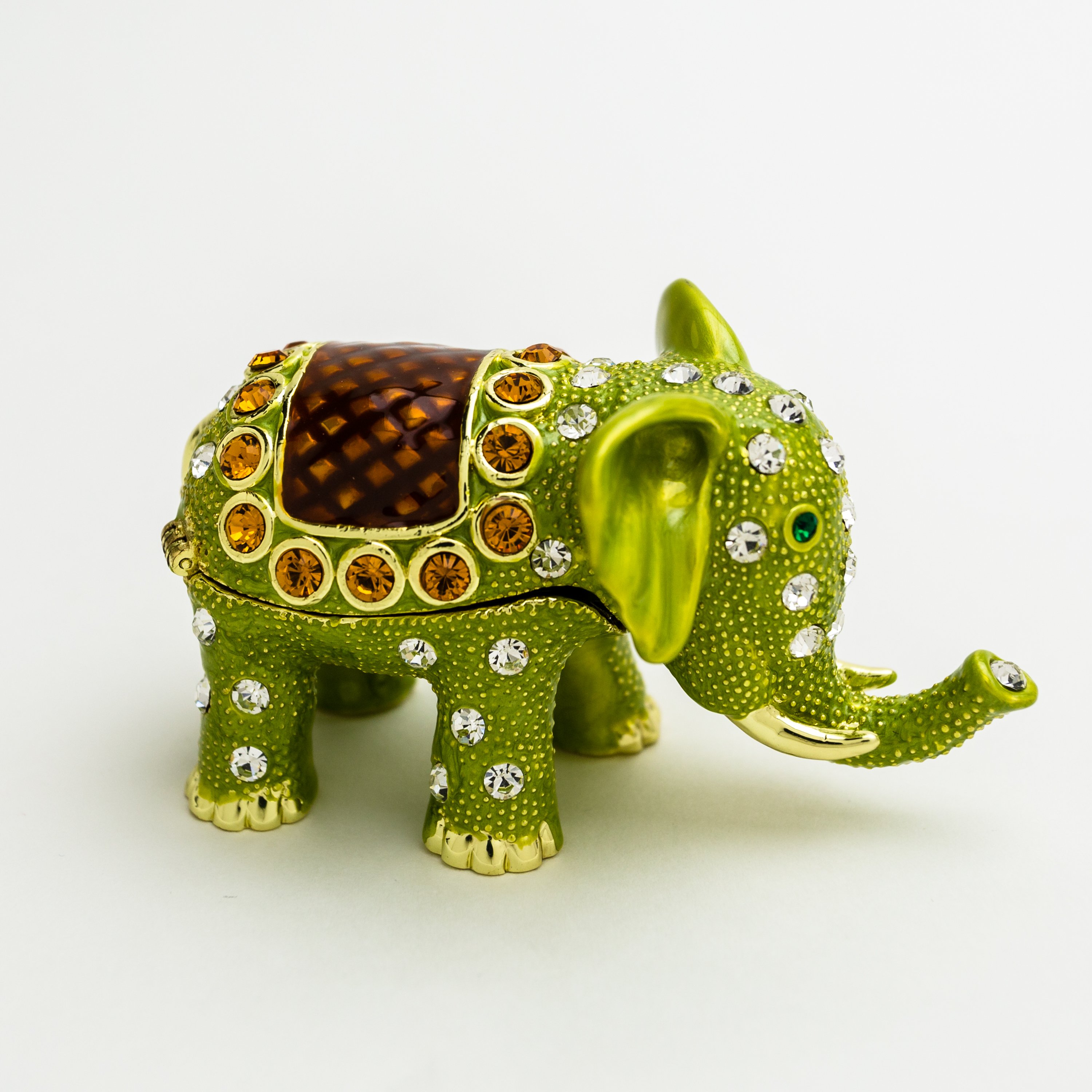 Handcrafted Green Elephant trinket box with Austrian crystals and gold plating, elegantly designed for decorative and functional use.