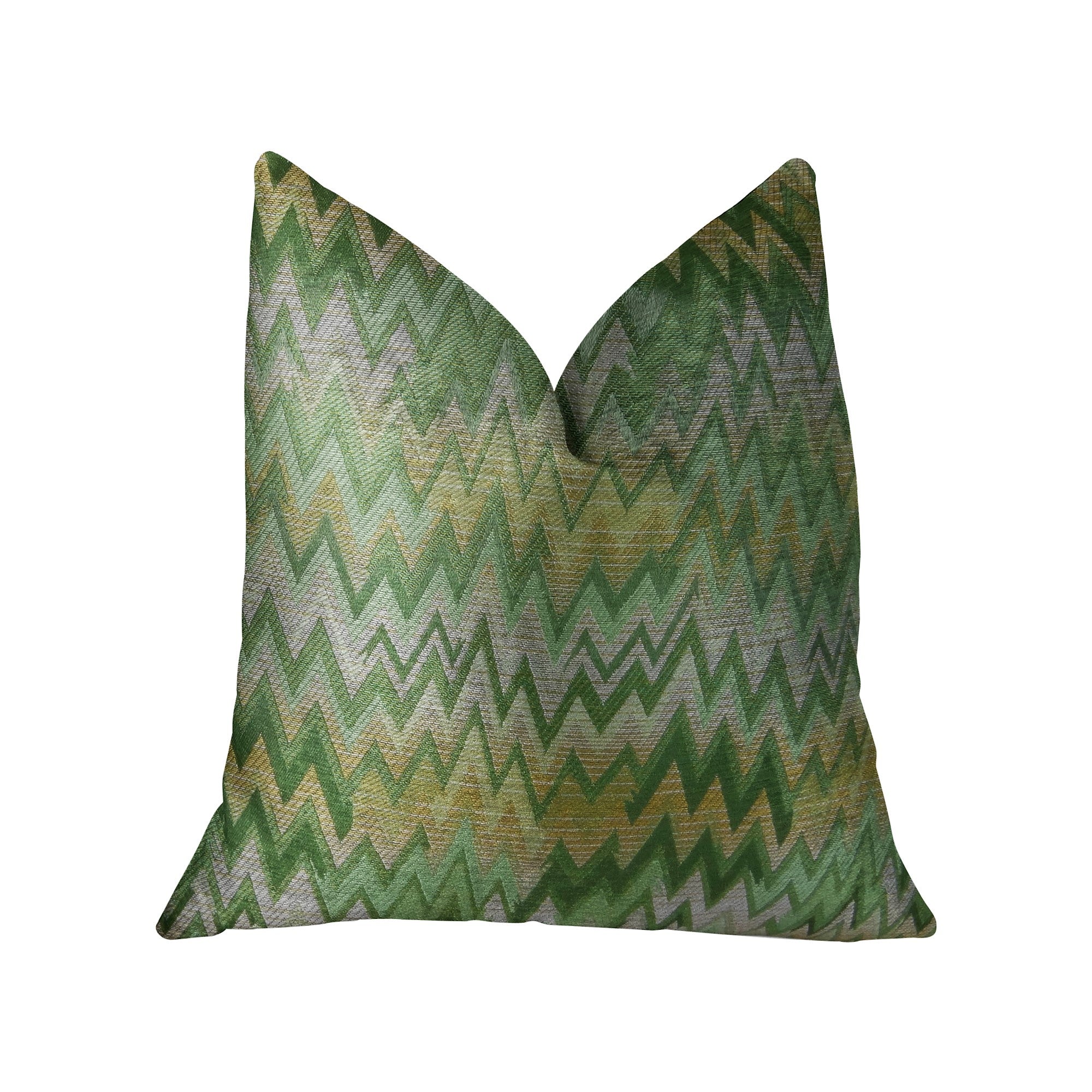 A luxurious handmade pillow featuring a green citrine and taupe chevron pattern, showcasing an invisible zipper and double-sided design.
