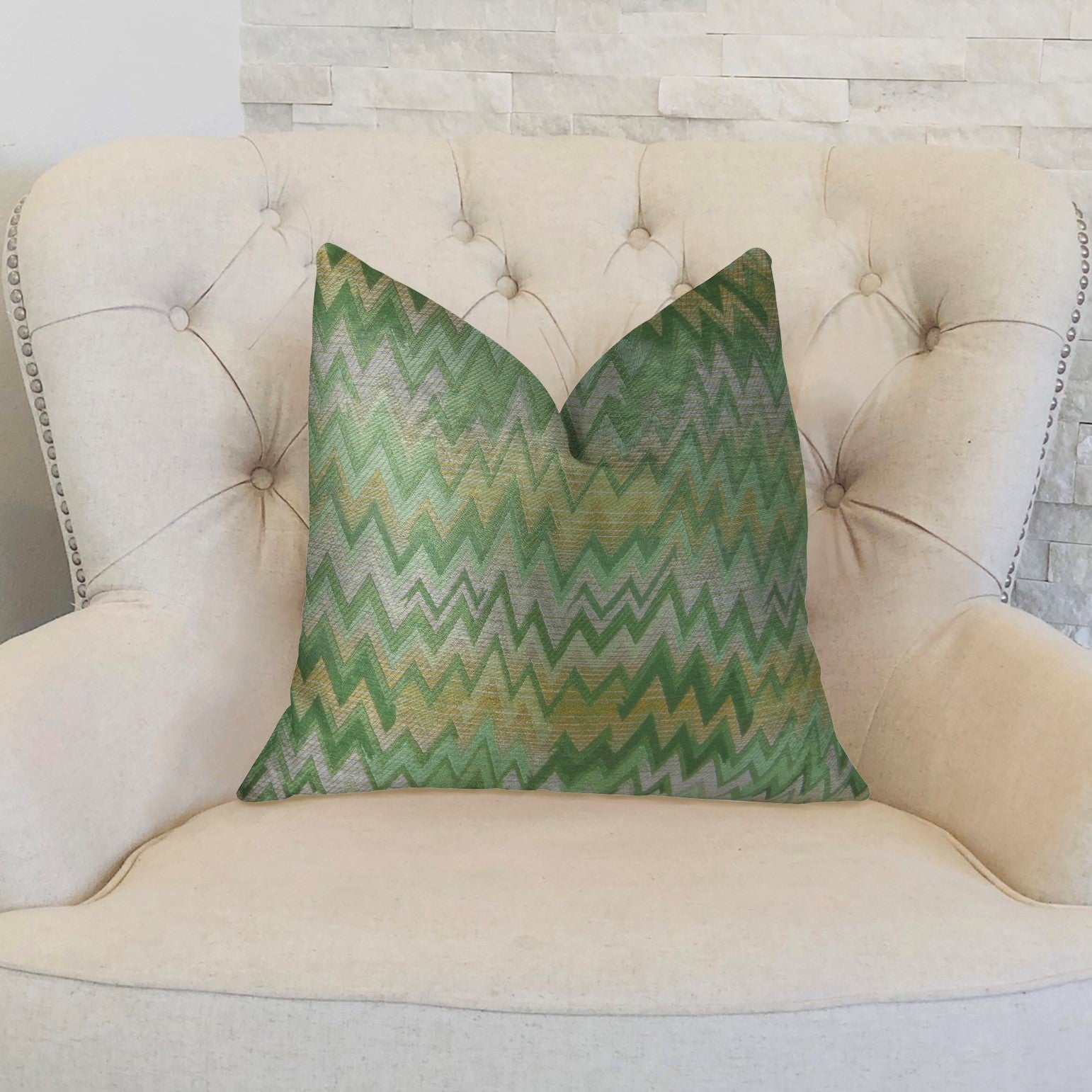 A luxurious handmade pillow featuring a green citrine and taupe chevron pattern, showcasing an invisible zipper and double-sided design.