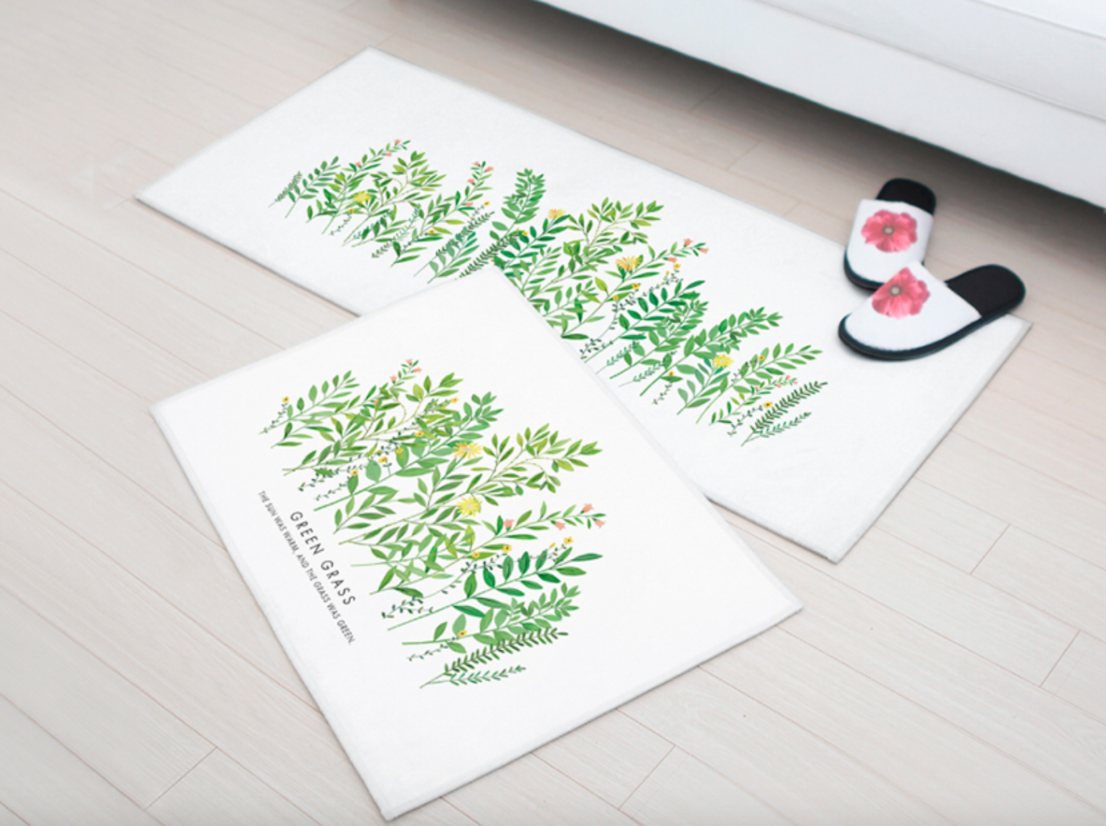 Green Grass floor mat and kitchen mat set featuring a soft microfiber texture and non-slip backing, ideal for home decor.