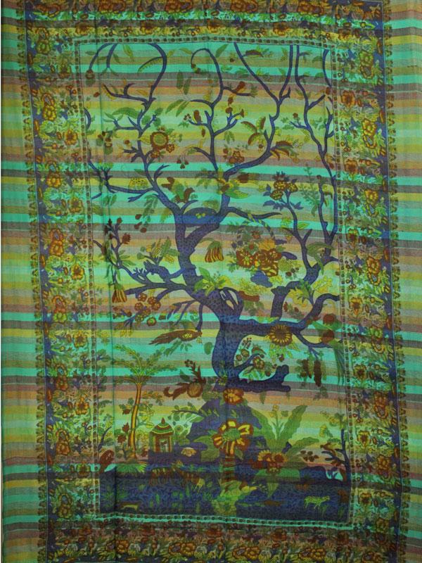 Handmade Green Tree of Life Birds Art tapestry featuring floral designs, perfect for wall art or blankets.