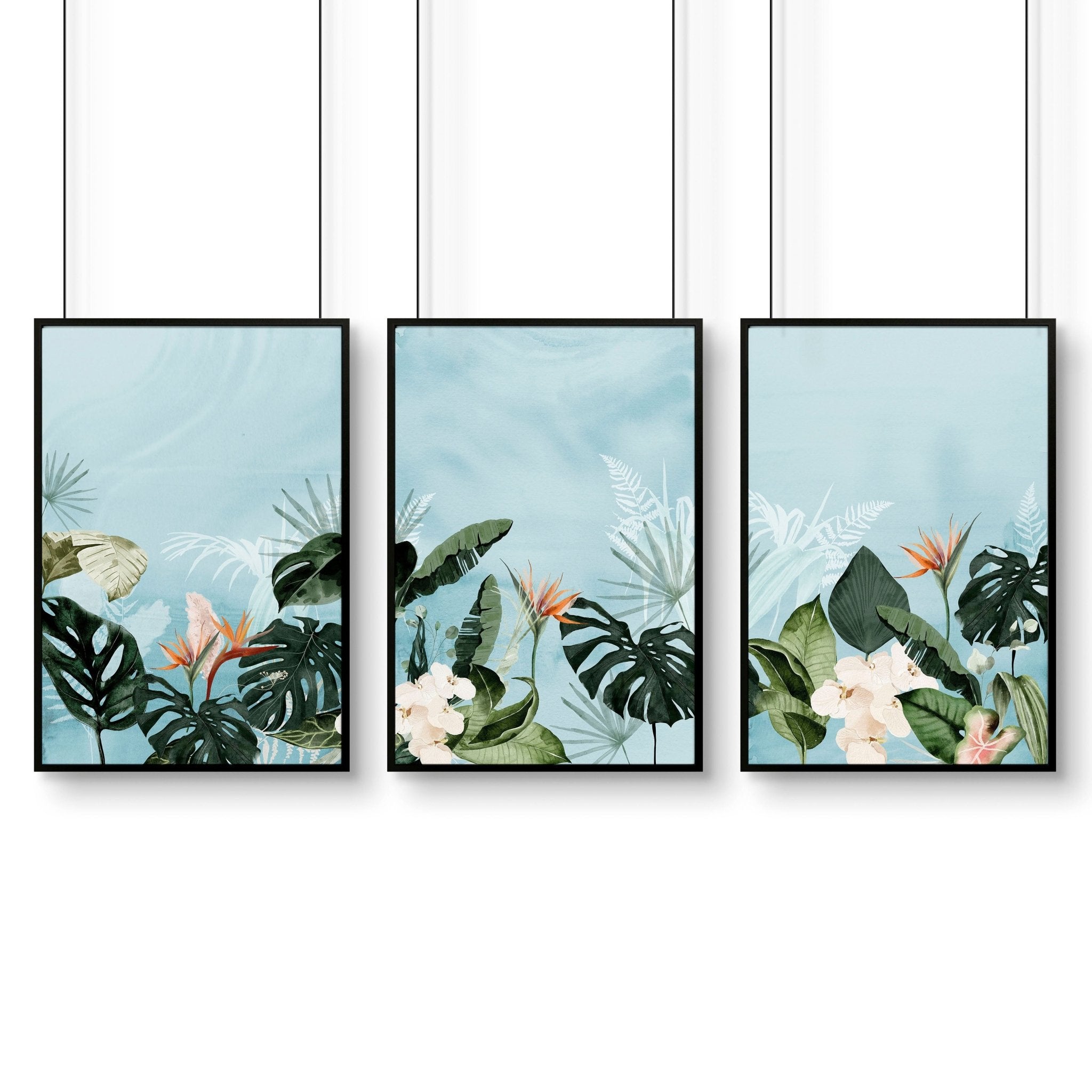 Set of 3 vibrant tropical wall art prints featuring lush greenery and serene beach scenes, perfect for enhancing living room decor.