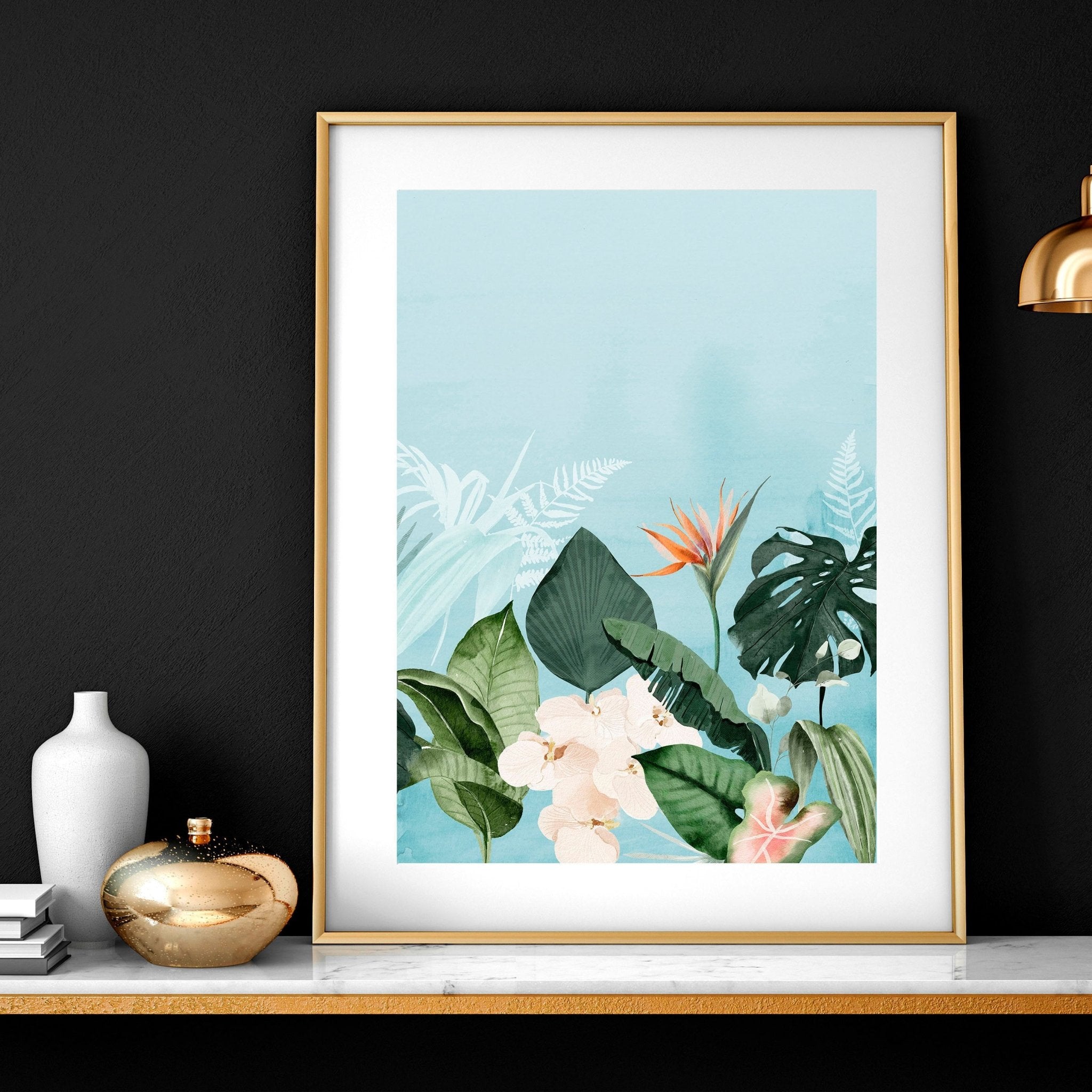Set of 3 vibrant tropical wall art prints featuring lush greenery and serene beach scenes, perfect for enhancing living room decor.