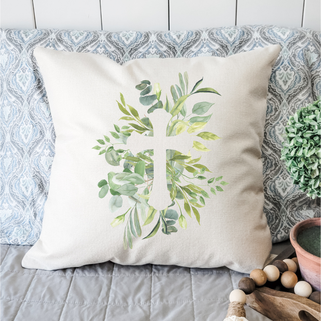Greenery Cross Pillow Cover featuring floral designs on a soft linen fabric, ideal for Spring decor.
