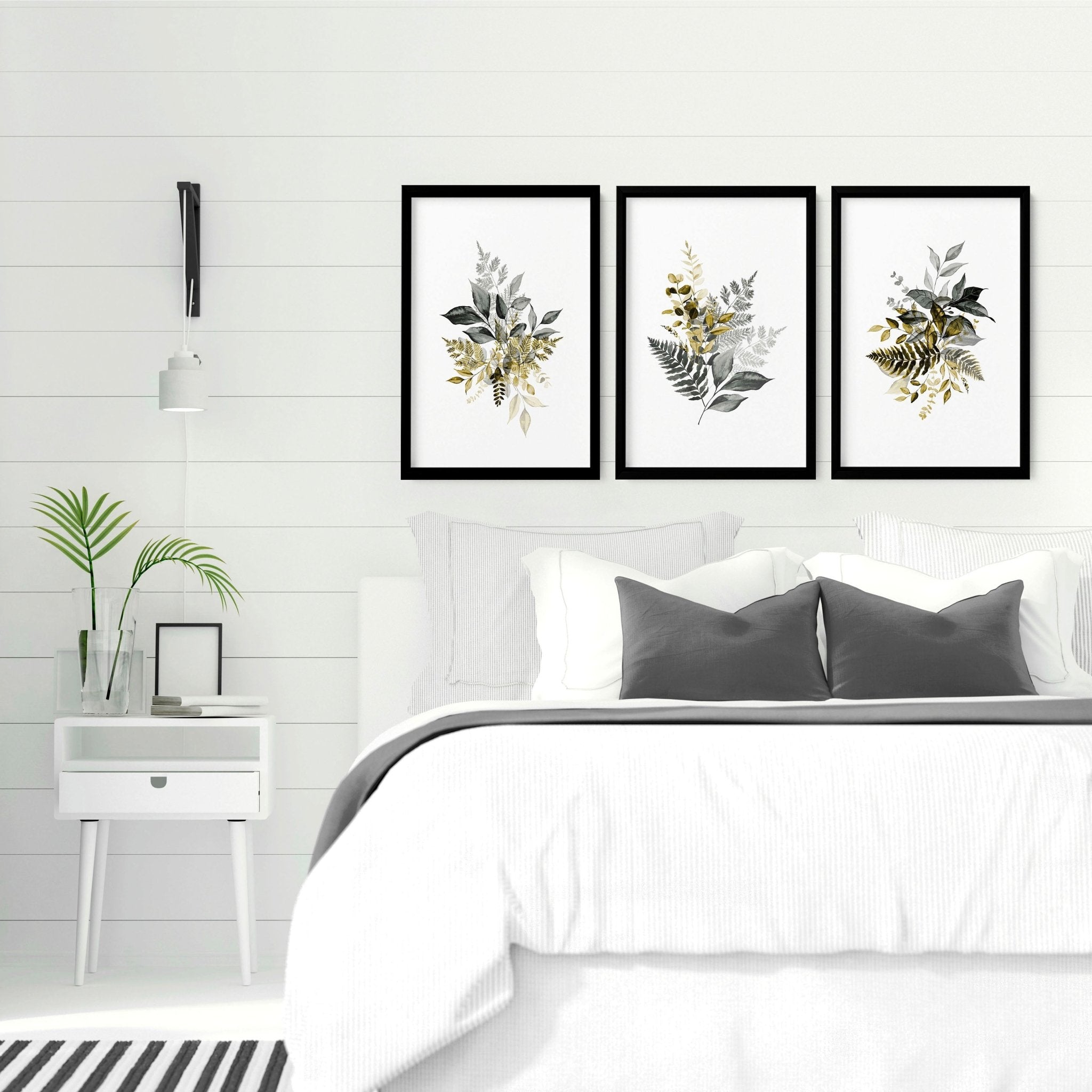Set of 3 grey botanical wall art prints for bedroom decor, featuring elegant designs in grey and gold tones.