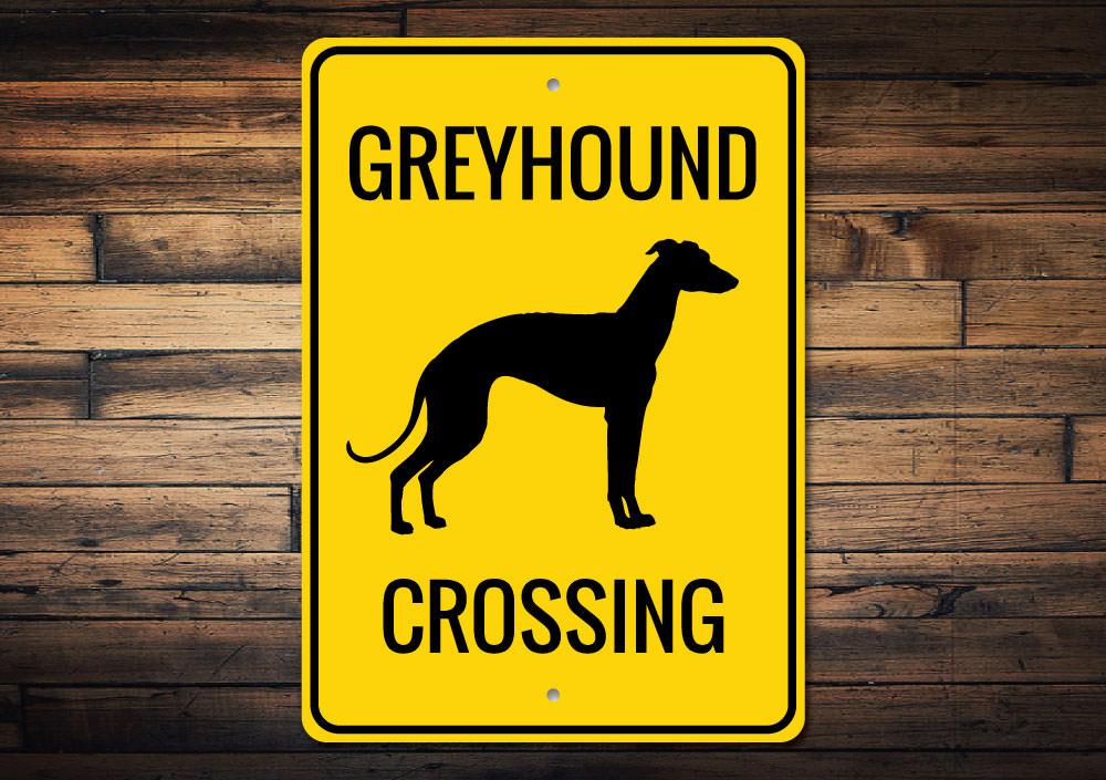 Greyhound Crossing Sign made of high-quality aluminum, featuring a vibrant design suitable for indoor and outdoor use.