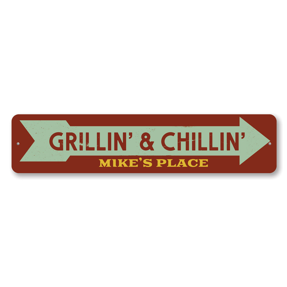 Grillin' & Chillin' decorative aluminum sign, featuring vibrant colors and customizable text, perfect for indoor or outdoor display.