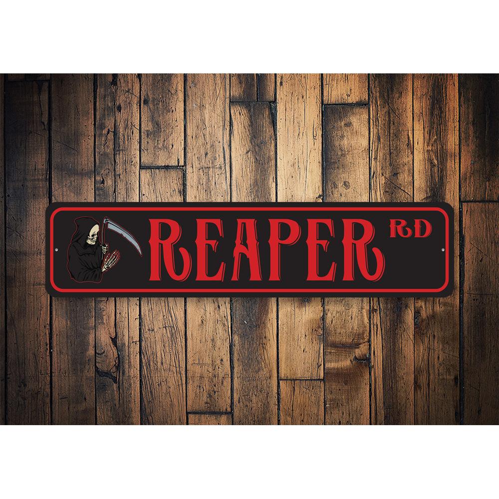 Grim Reaper Street Sign made of high-quality aluminum, featuring a detailed design perfect for home decor.