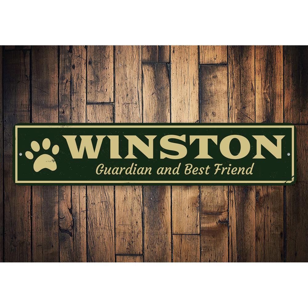 Guardian & Best Friend Pet Sign made of aluminum, featuring customizable text and pre-drilled holes for easy mounting.
