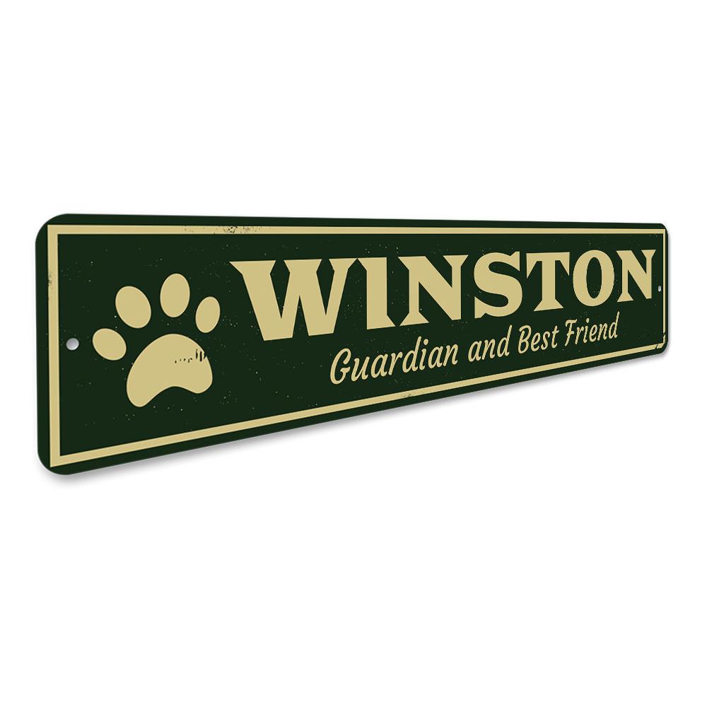 Guardian & Best Friend Pet Sign made of aluminum, featuring customizable text and pre-drilled holes for easy mounting.
