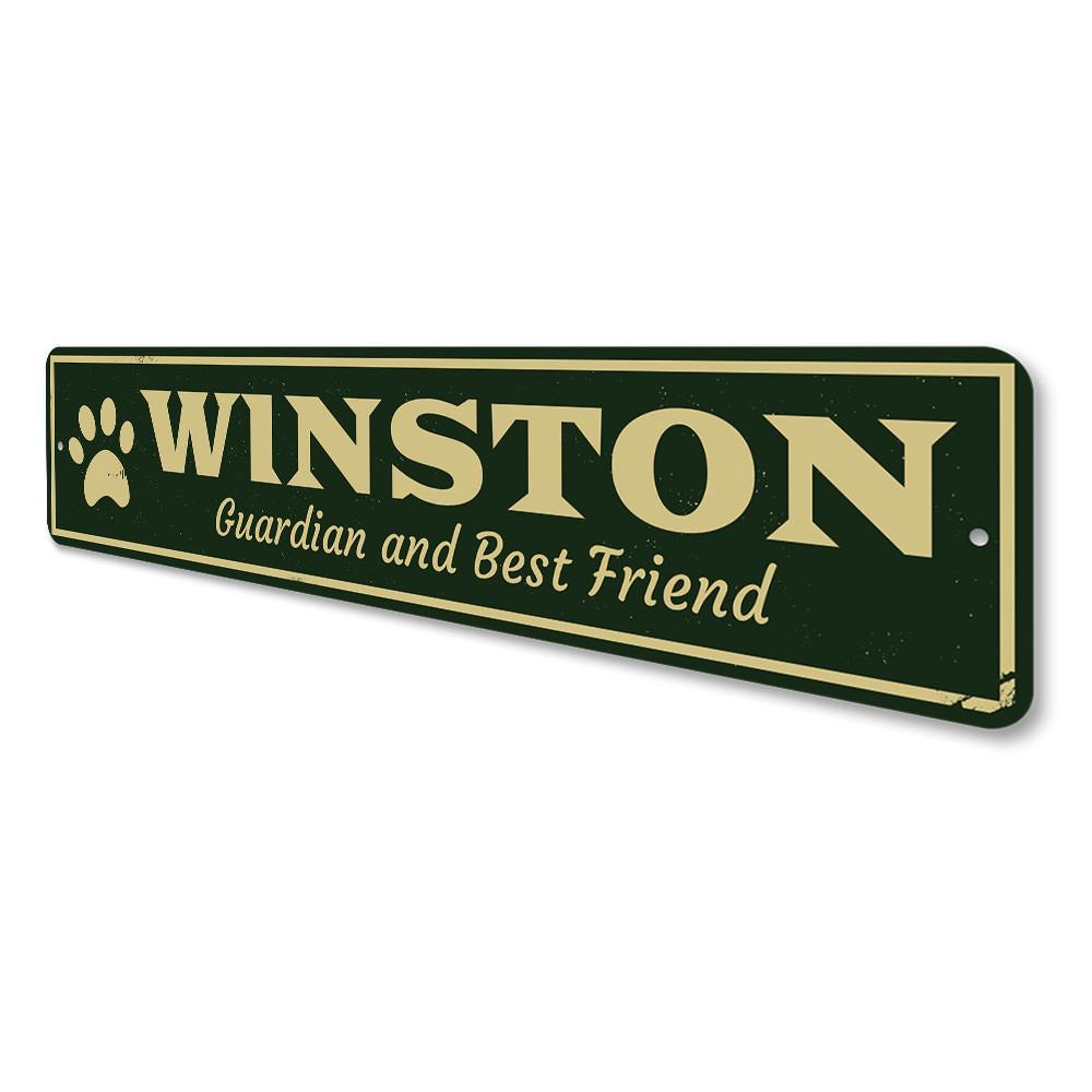 Guardian & Best Friend Pet Sign made of aluminum, featuring customizable text and pre-drilled holes for easy mounting.