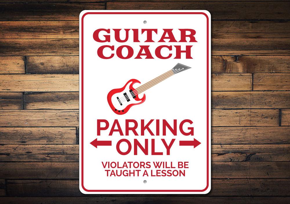 Guitar Coach Parking Sign made of durable aluminum with customizable text, featuring a unique design for vehicle enthusiasts.