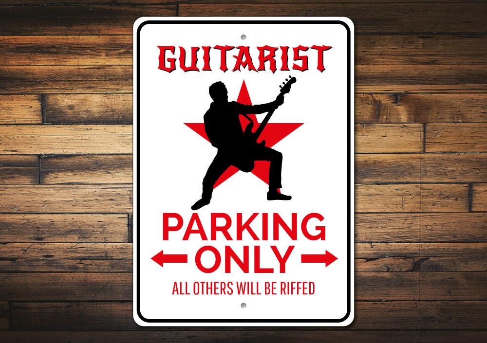 Guitarist Parking Sign made of high-quality aluminum, featuring a creative design for reserved parking spots, ideal for music lovers.
