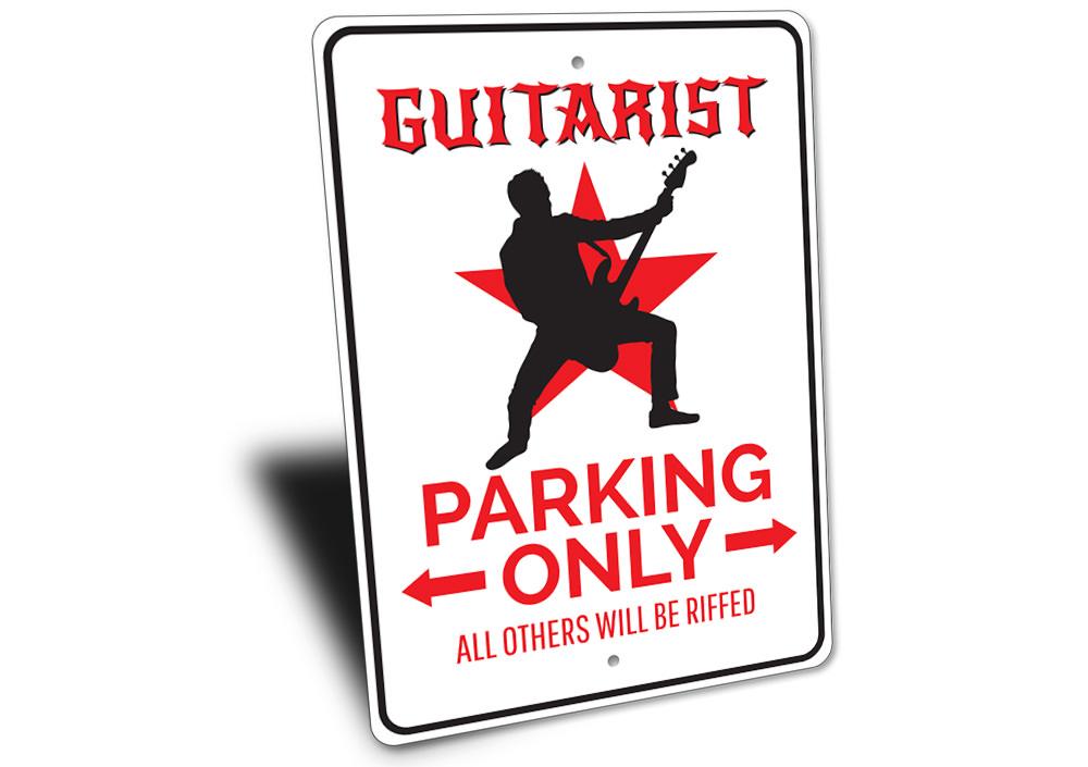 Guitarist Parking Sign made of high-quality aluminum, featuring a creative design for reserved parking spots, ideal for music lovers.