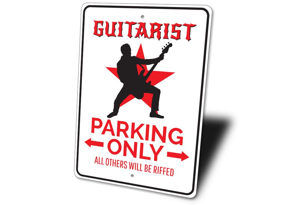 Guitarist Parking Sign made of high-quality aluminum, featuring a creative design for reserved parking spots, ideal for music lovers.