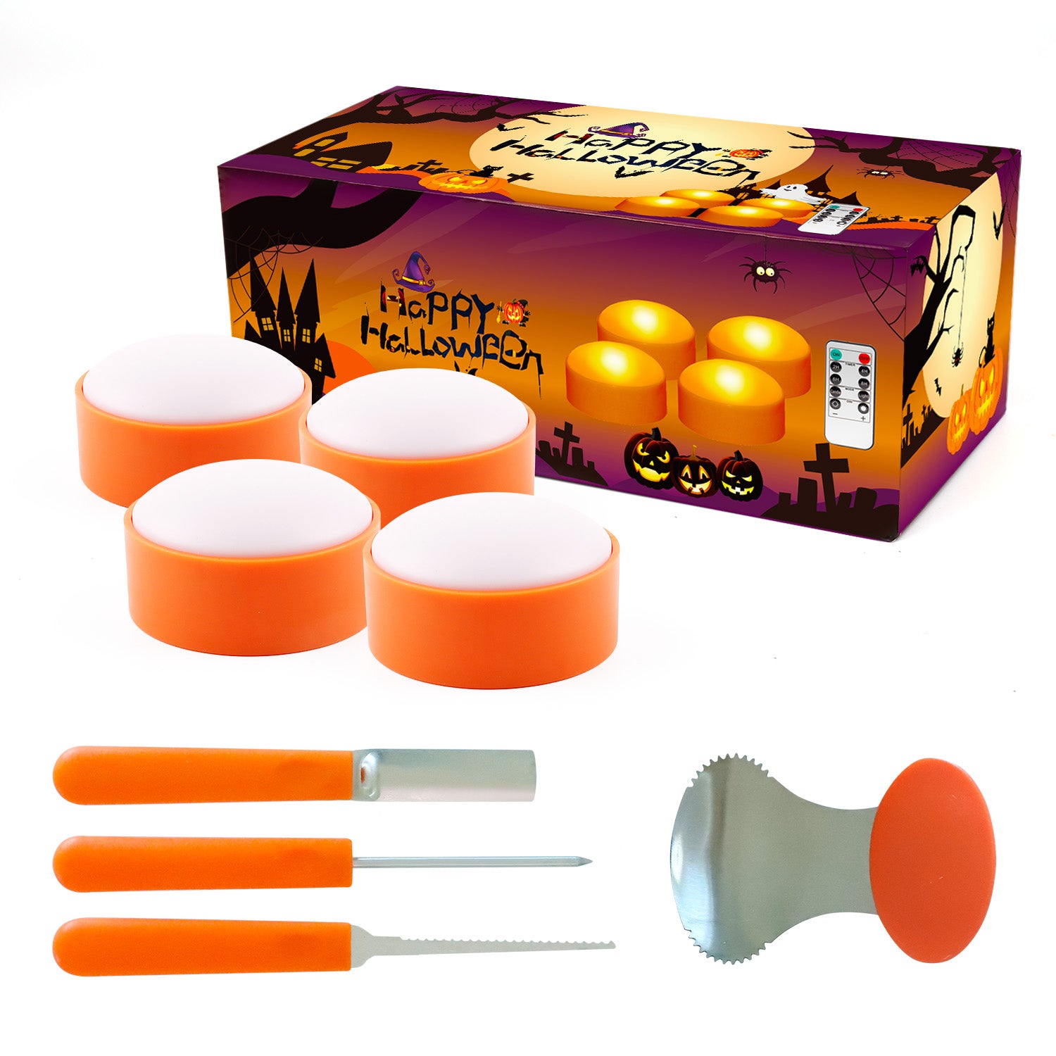 Four Halloween LED pumpkin lights in orange and white, featuring a remote control and timer, perfect for festive decorations.