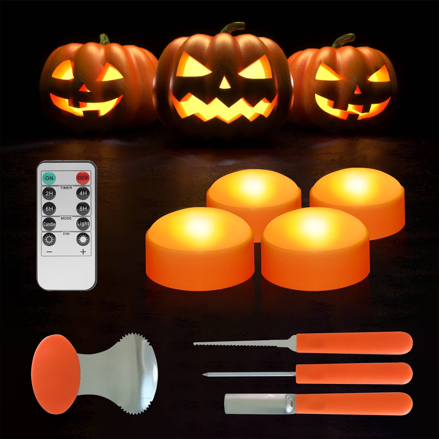 Four Halloween LED pumpkin lights in orange and white, featuring a remote control and timer, perfect for festive decorations.