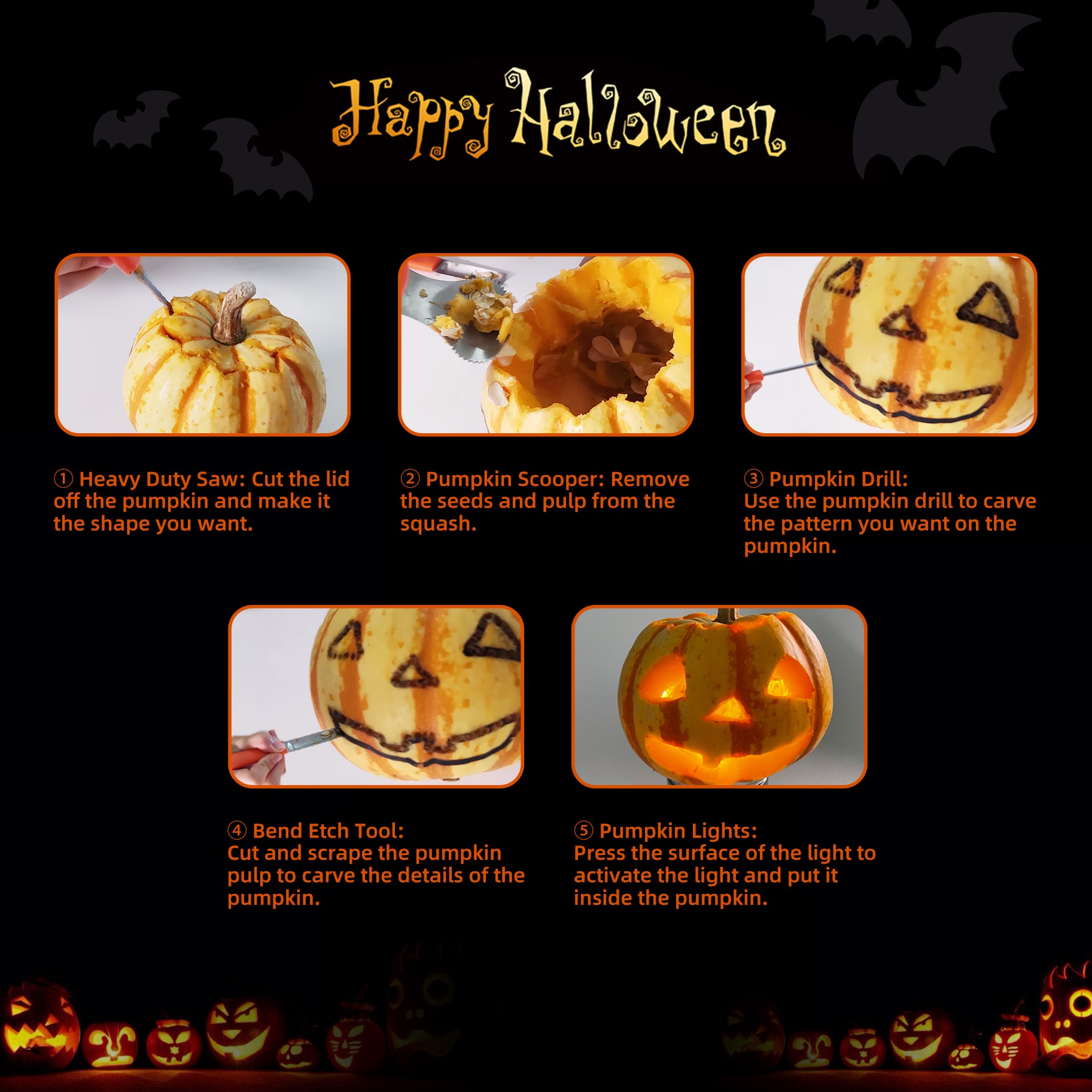 Four Halloween LED pumpkin lights in orange and white, featuring a remote control and timer, perfect for festive decorations.