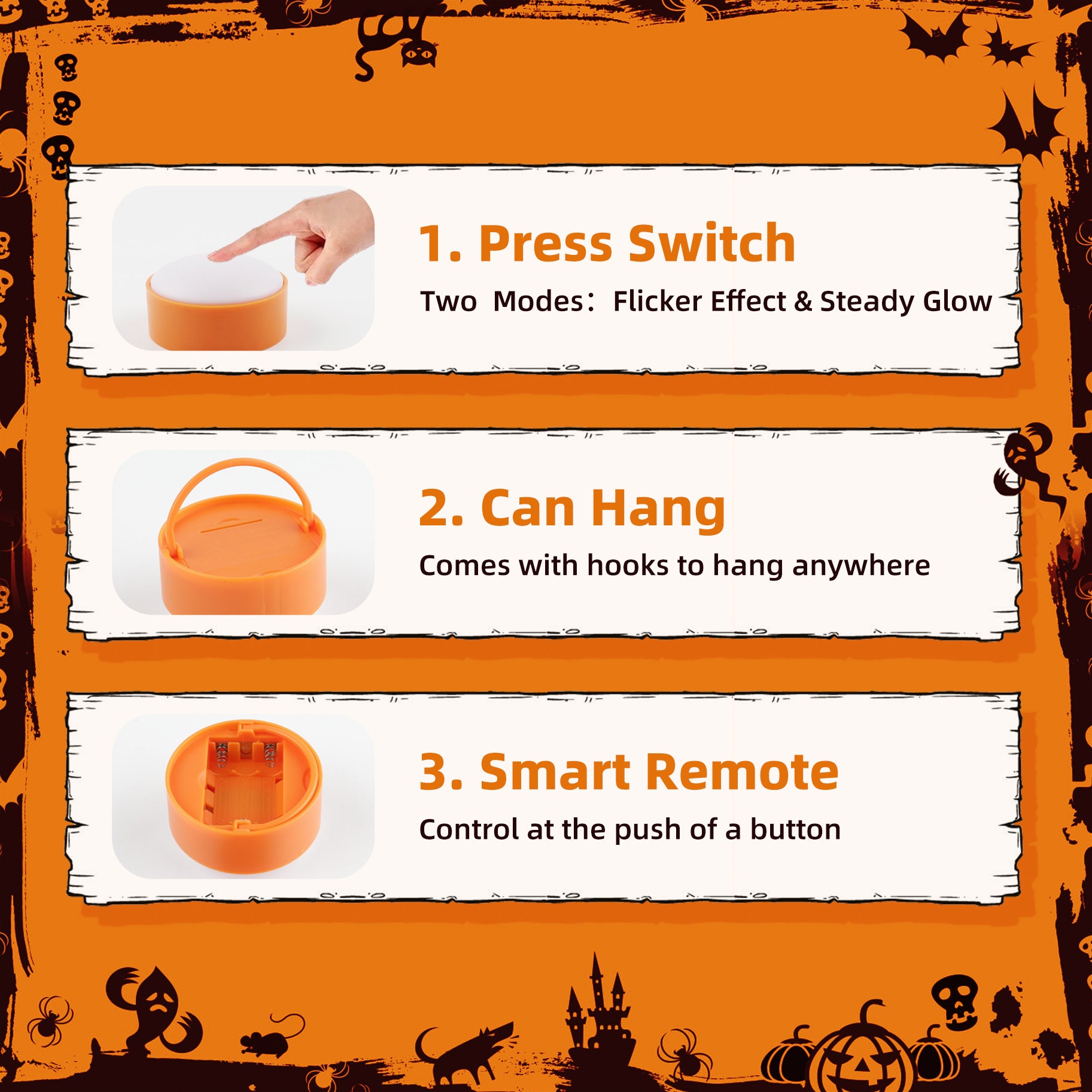 Four Halloween LED pumpkin lights in orange and white, featuring a remote control and timer, perfect for festive decorations.