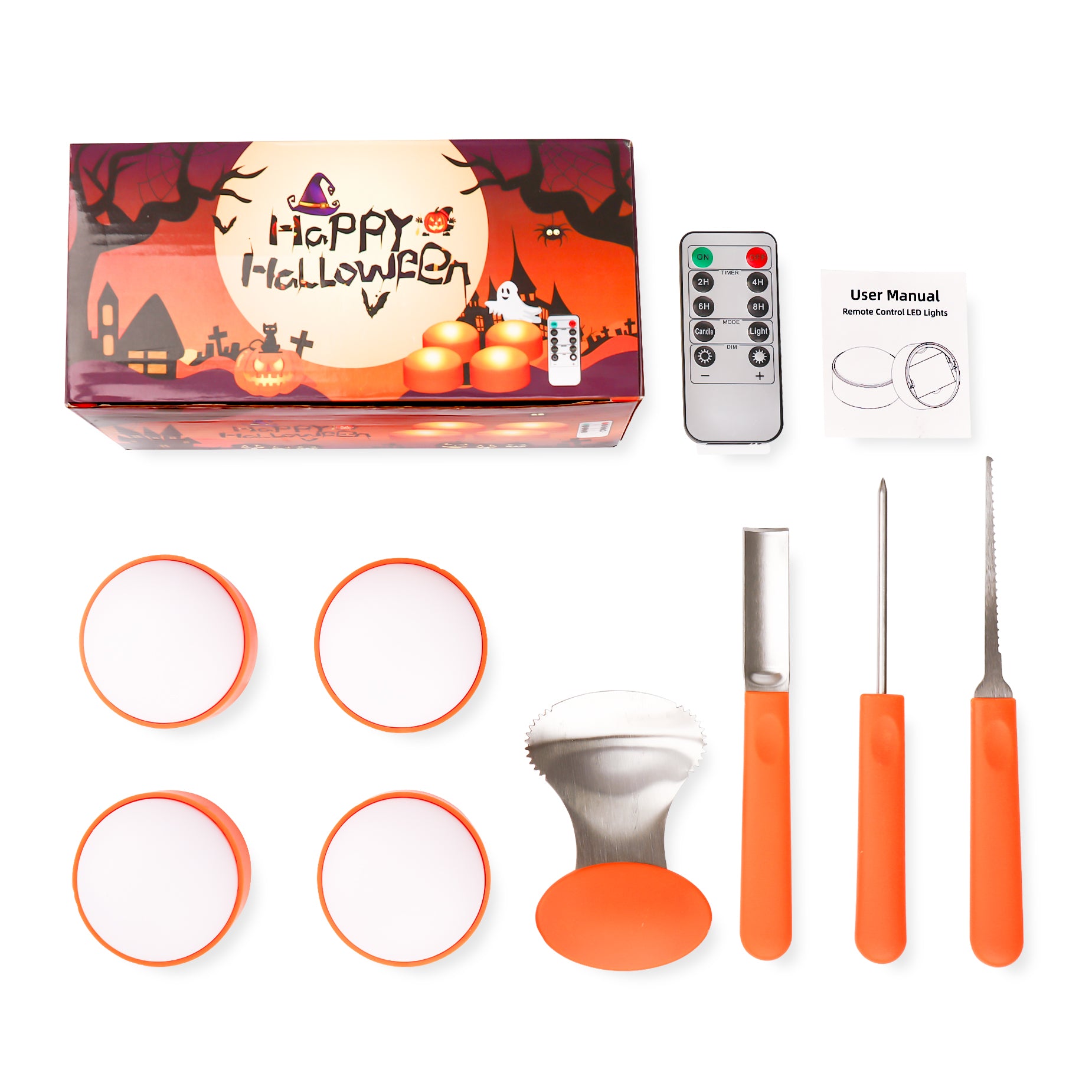 Four Halloween LED pumpkin lights in orange and white, featuring a remote control and timer, perfect for festive decorations.