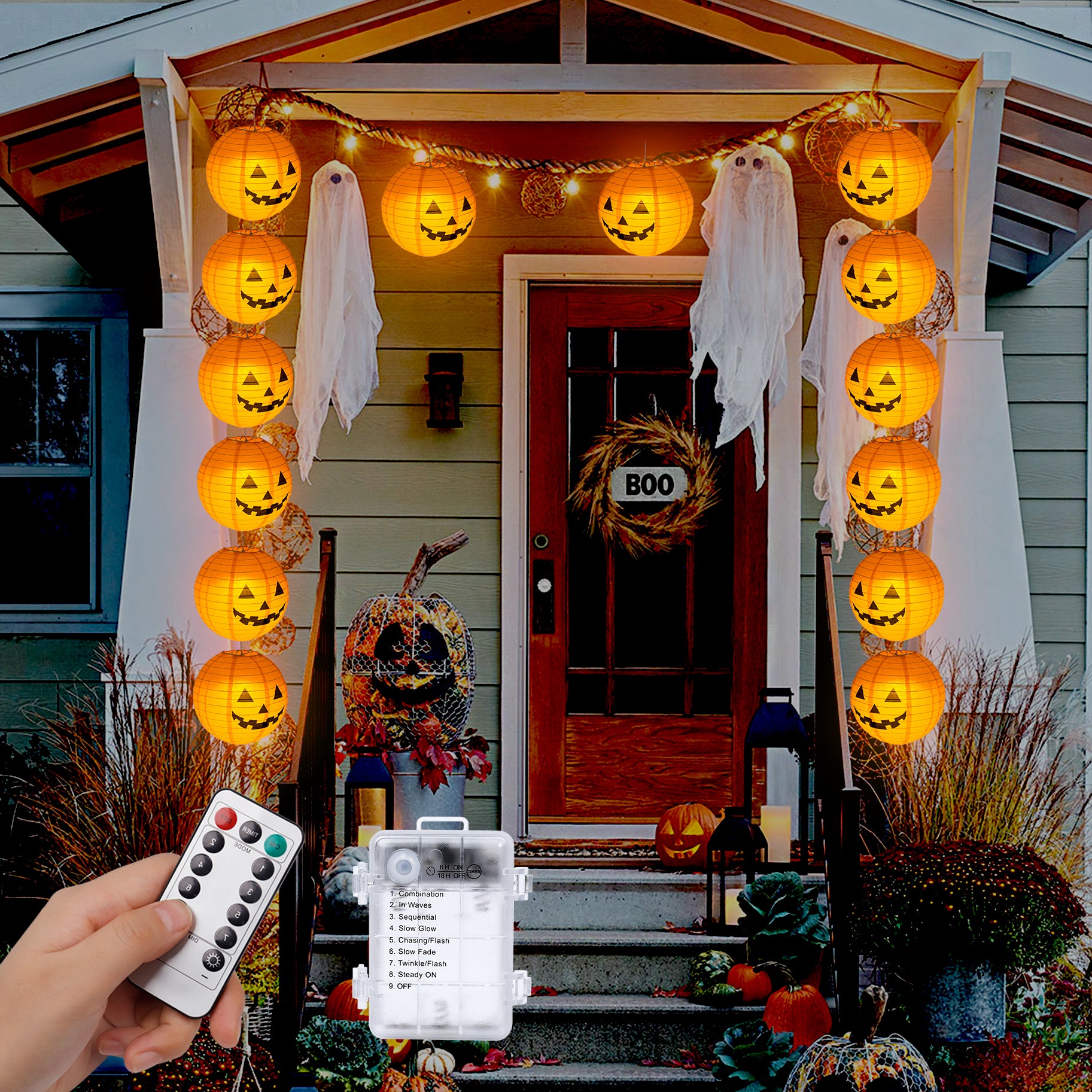 A set of 10 battery-operated Halloween Smiley Pumpkin Lantern Lights, featuring cheerful pumpkin faces and a warm white glow, perfect for festive decorations.