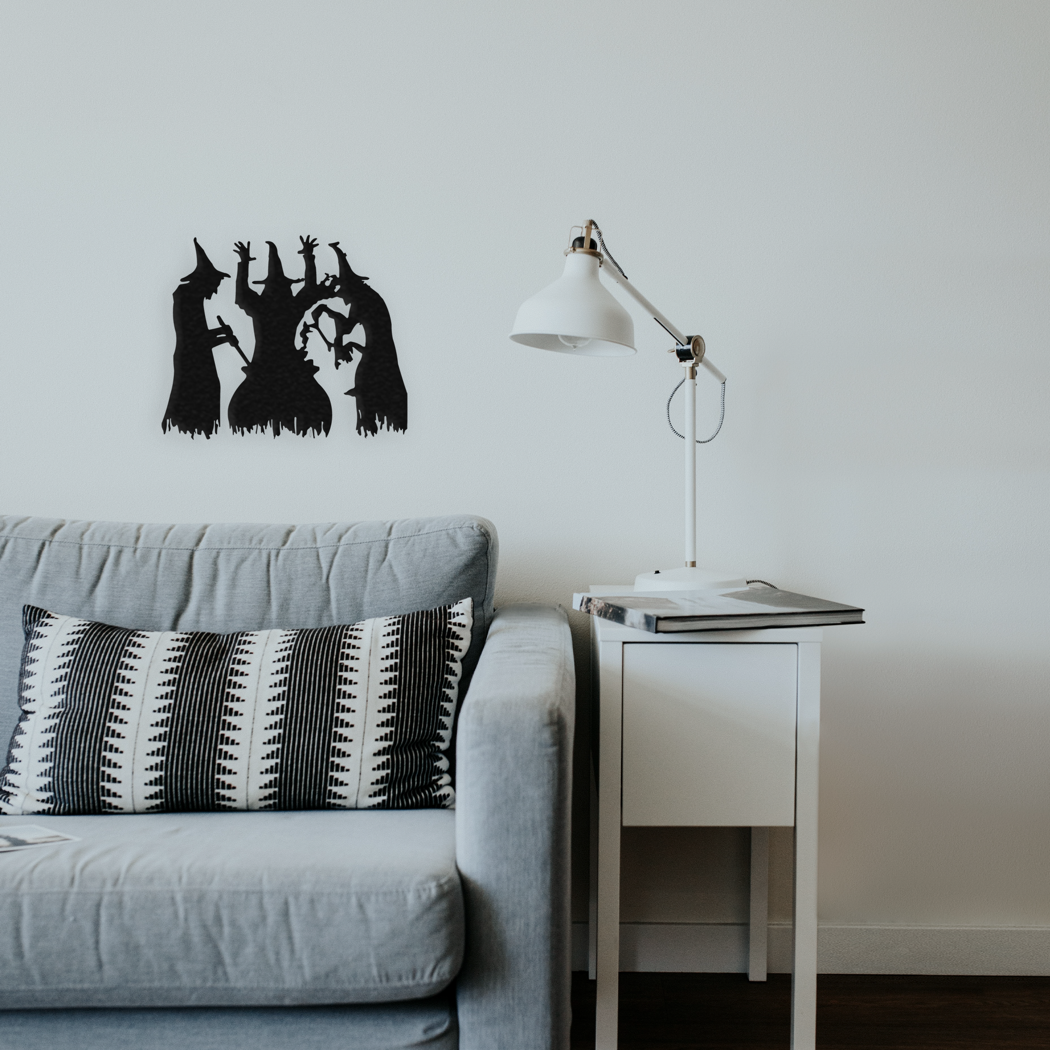 Halloween Three Witches Metal Wall Art featuring intricate designs, crafted from high-quality steel with a powder-coated finish.