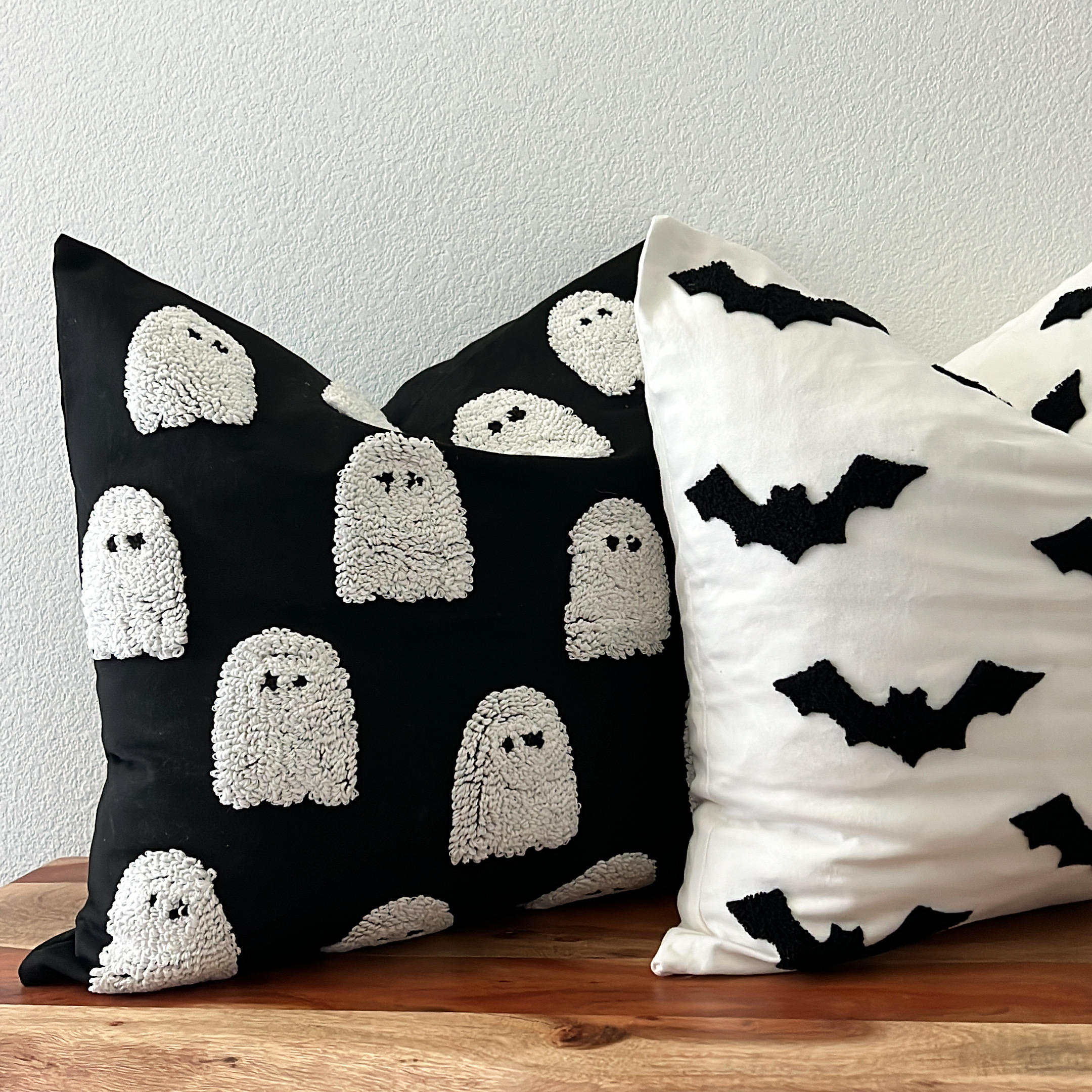 Halloween throw pillow cover in neutral tones, measuring 20x20 inches, featuring an original spooky design by Delmar Decor.