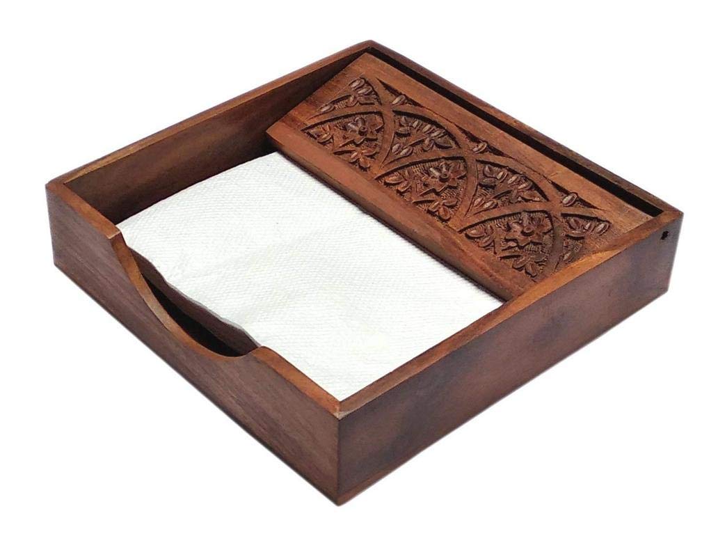Hand carved rosewood wooden tissue paper rack napkin holder showcasing intricate craftsmanship and elegant design.