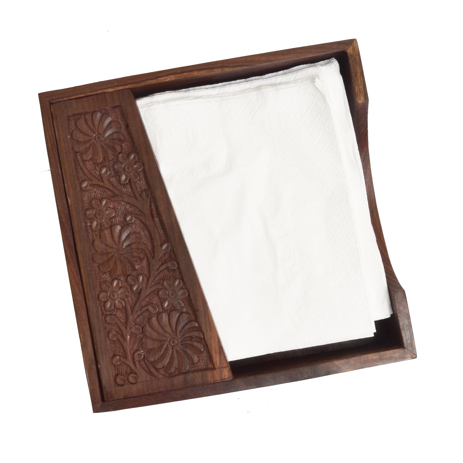 Hand carved rosewood wooden tissue paper rack napkin holder showcasing intricate craftsmanship and elegant design.
